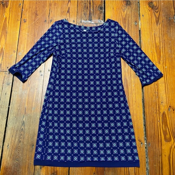 Tommy Hilfiger Geometric Print Sheath 3/4 Sleeve Knit Dress Size 12 Navy Boxy - Picture 5 of 9